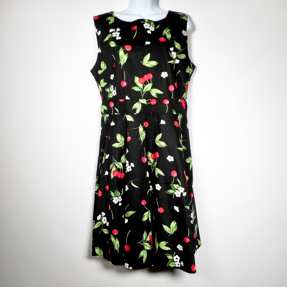 NWT Owin Retro Black Red Cherry XL Fit Flare Dress Rockabilly Pinup Cotton